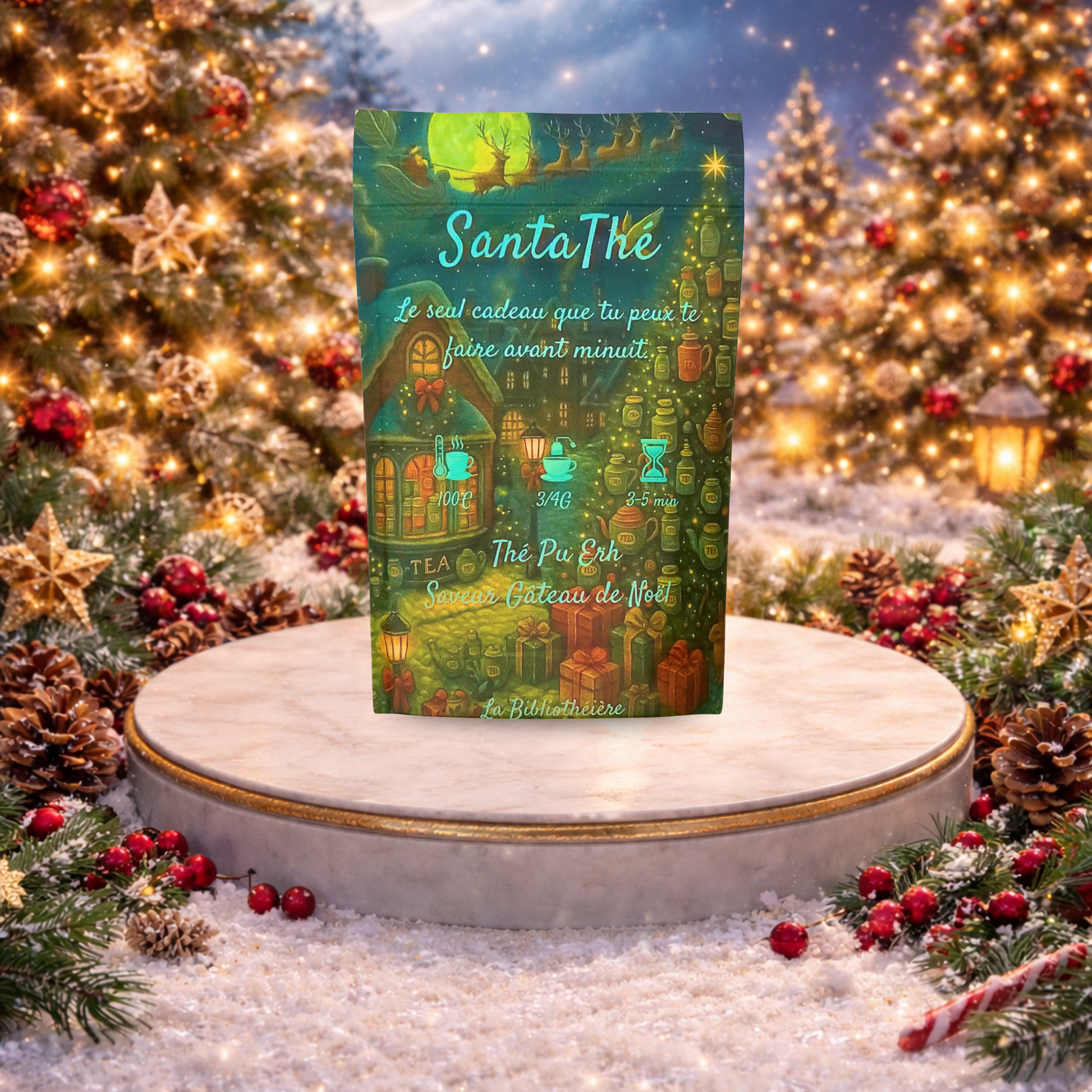 Thé Pu Ehr saveur gateau de noël. sachet 100g. La Bibliothéière
