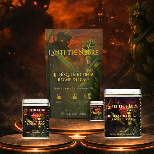 Thé noir cardamome et café L’Anti-Thé Nèbre, présenté en sachet et boîtes métalliques – La Bibliothéière.