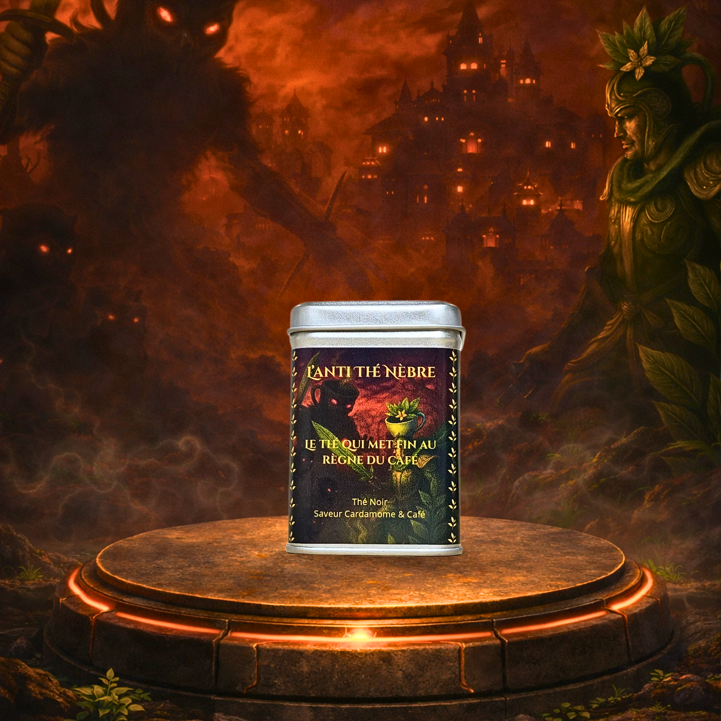 Thé noir cardamome et café L’Anti-Thé Nèbre, présenté boîtes métalliques de 50g – La Bibliothéière.