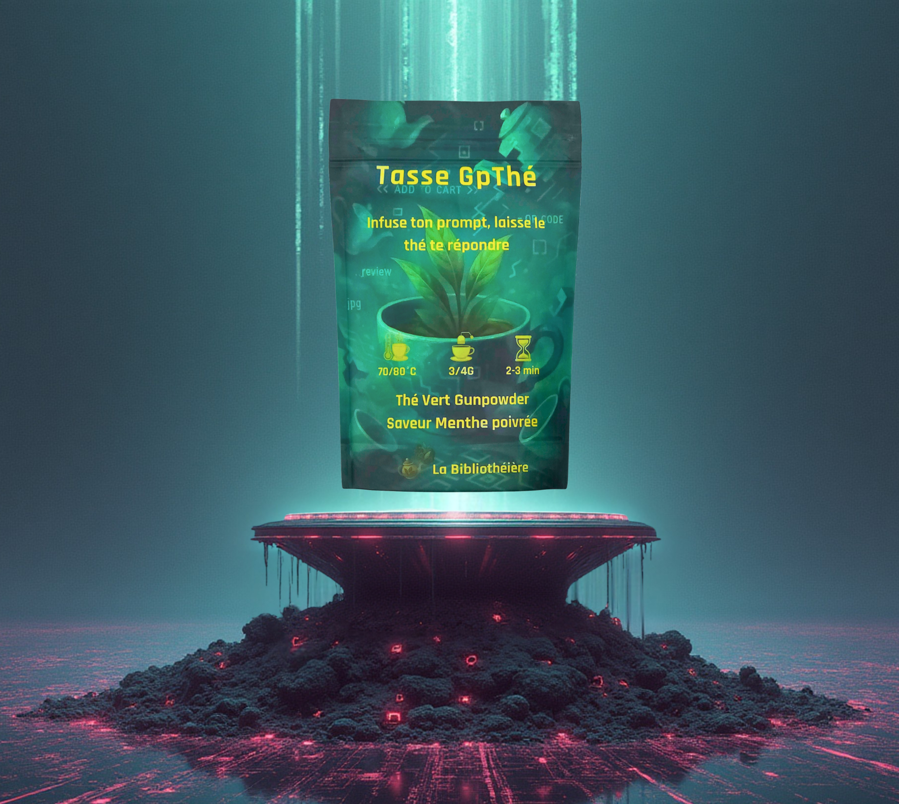 Thé vert gunpowder à la menthe poivrée endoypack de 100g, présenté sur un socle avec décor végétal et ambiance digitale futuriste verte. La Bibliothéière