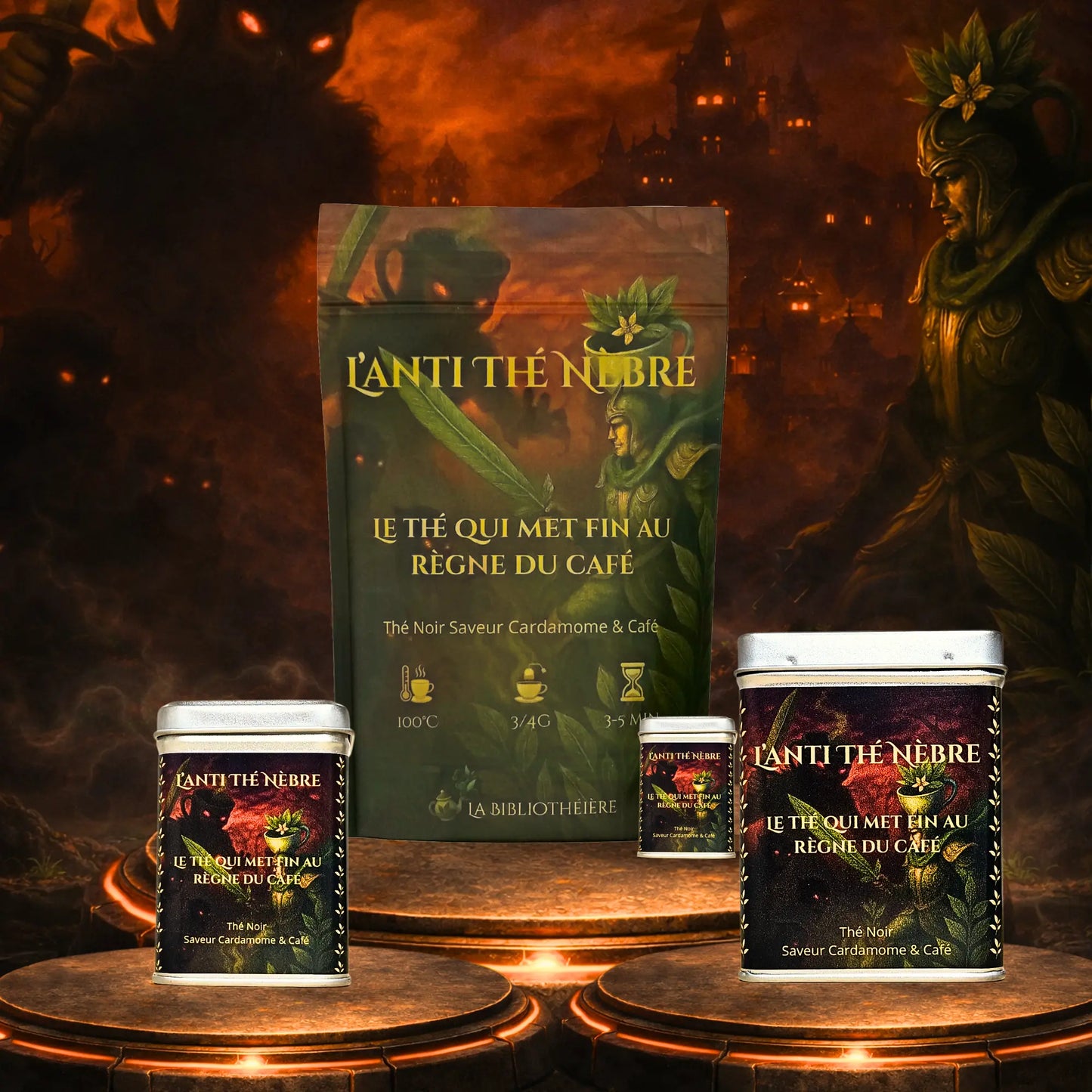 Thé noir Café et Cardamome L'Anti Thé Nèbre de La Bibliothéière, assortiment boîte métal et vrac sur un décor épique de temple enflammé.