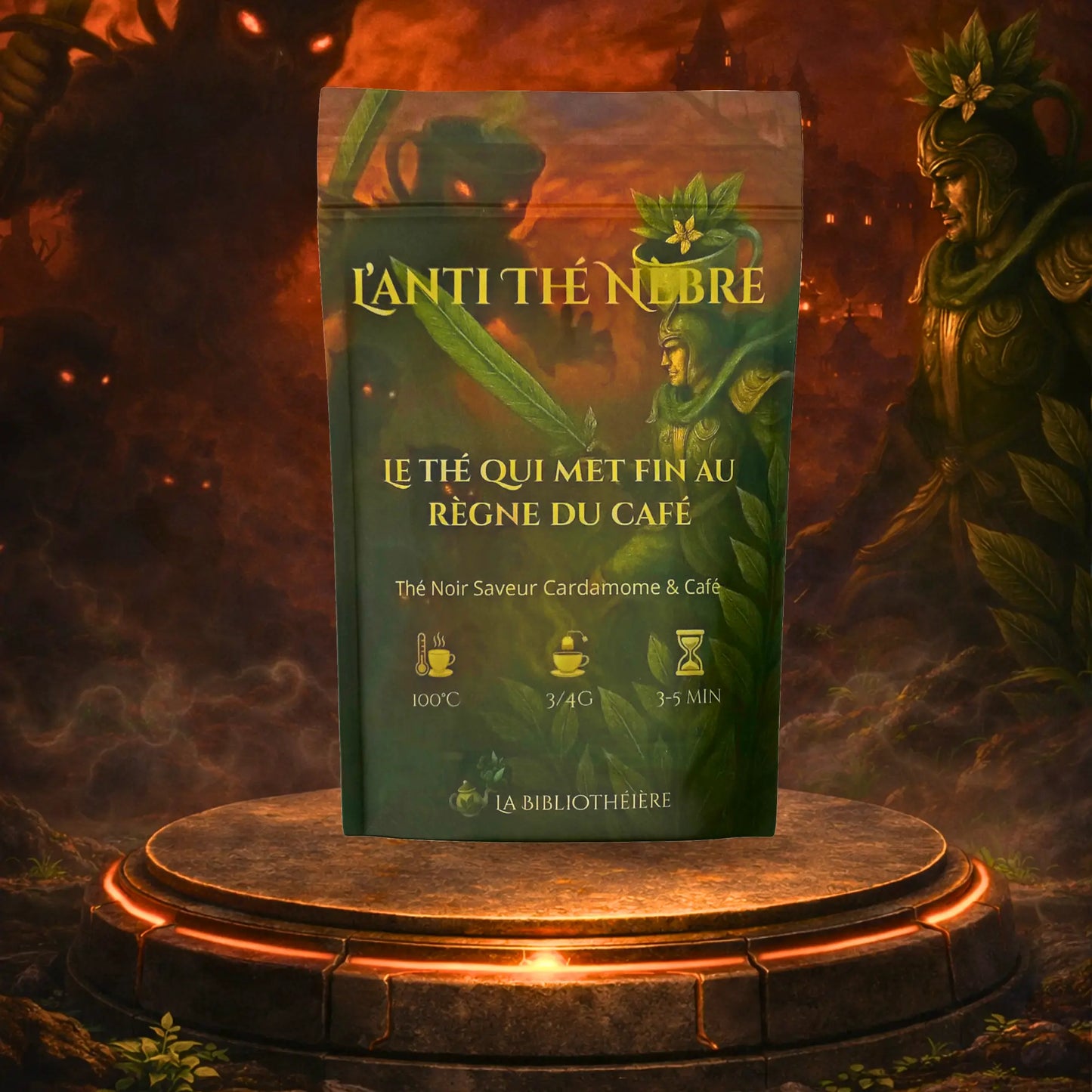 Thé noir aromatisé café et cardamome en sachet vrac 100g, collection L'Anti Thé Nèbre posé sur un autel de pierre illuminé.