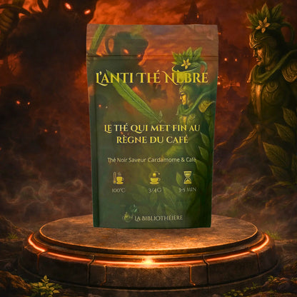 Thé noir aromatisé café et cardamome en sachet vrac 100g, collection L'Anti Thé Nèbre posé sur un autel de pierre illuminé.