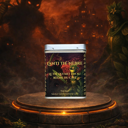 Grande boîte de thé noir Café et Cardamome 100g, design sombre et doré de la marque La Bibliothéière pour une expérience de dégustation intense.