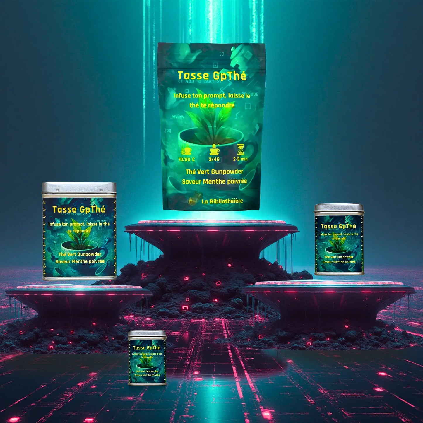 Thé vert Gunpowder et menthe poivrée de La Bibliothéière, gamme Tasse Gpthé présentée en boîte métal et vrac sur un décor néon futuriste.