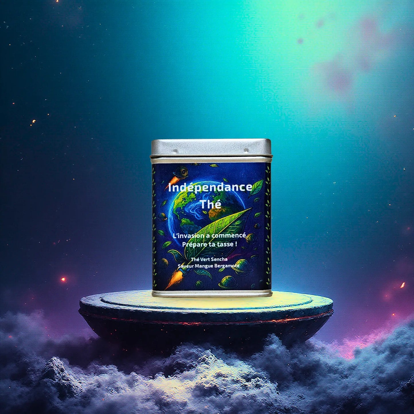Thé vert Mangue Bergamote en format vrac 100g, présenté dans son emballage illustré de la collection IndépendanceThé sur un socle futuriste.
