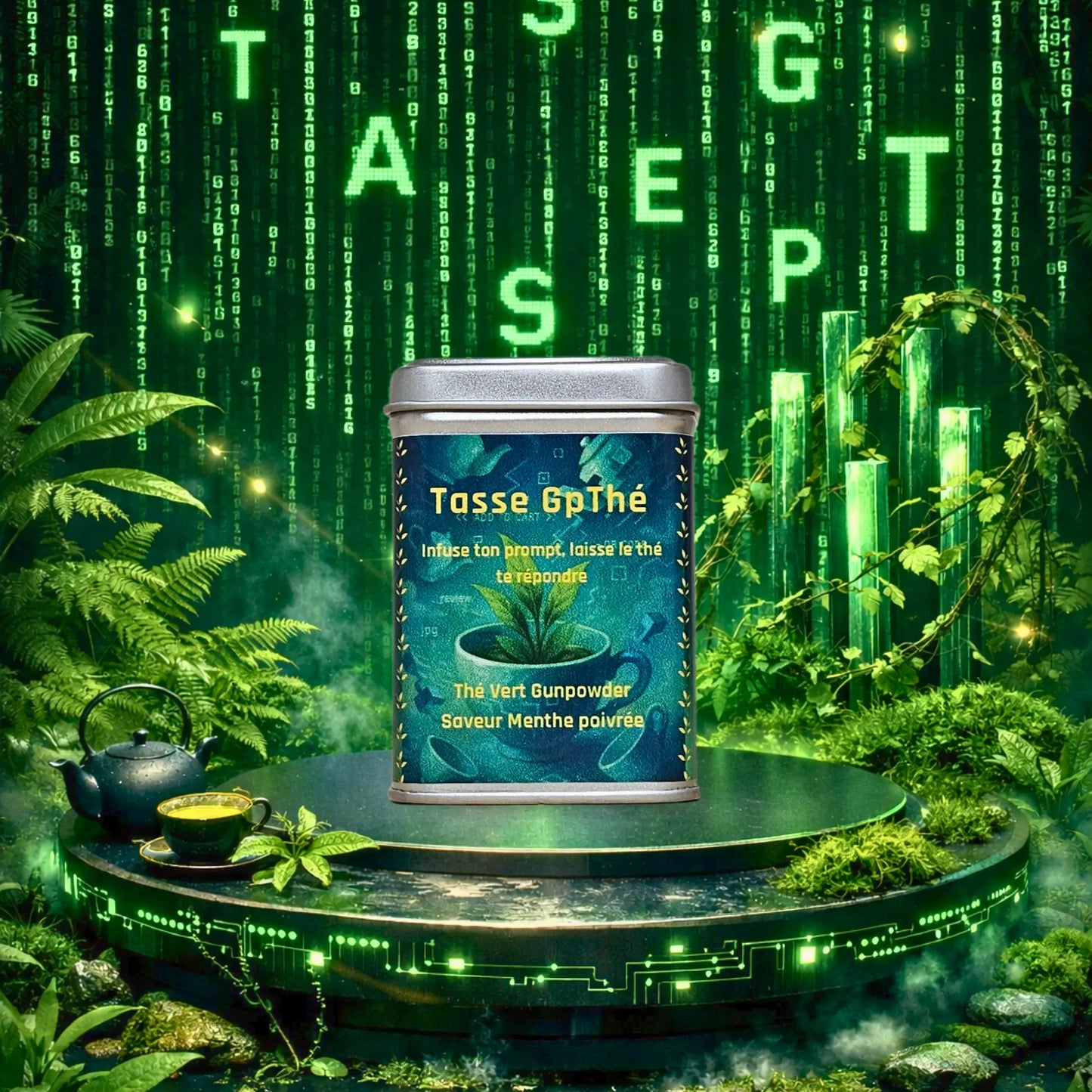 Petite boîte de thé vert menthe poivrée 50g, contenant métallique au design digital vert inspiré de la Matrix pour une conservation optimale.