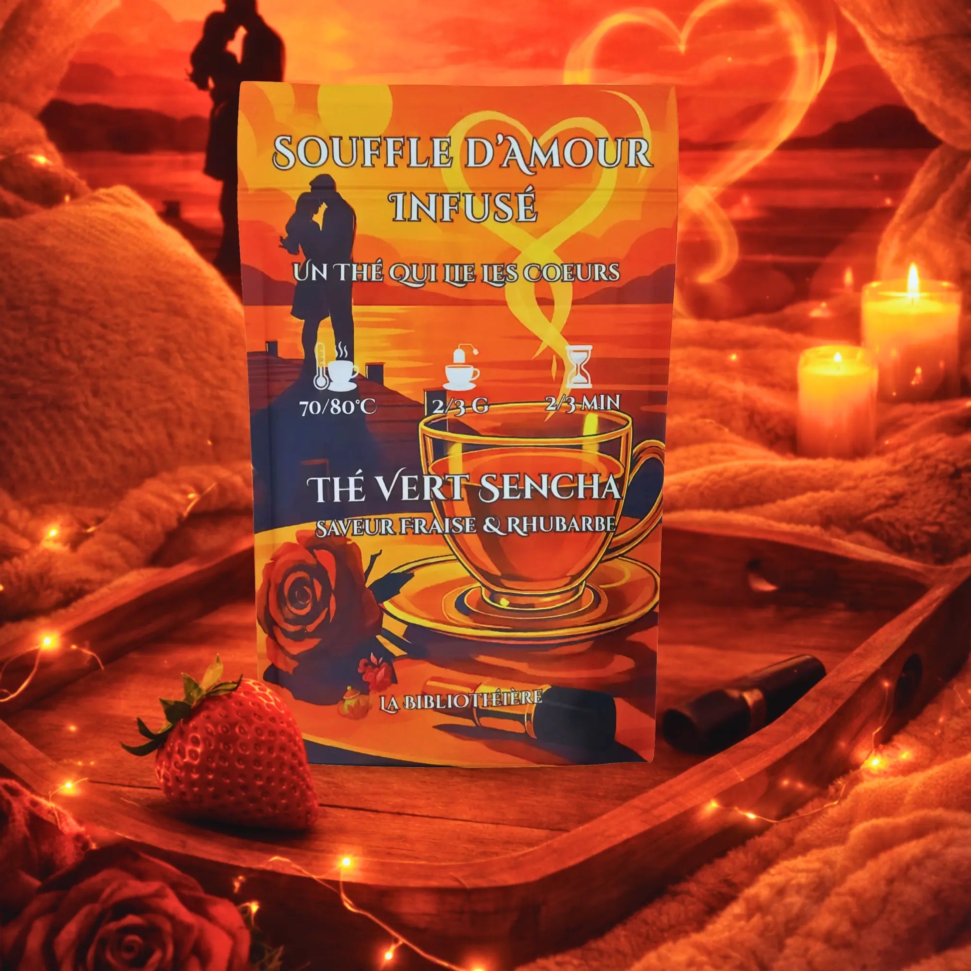 Thé vert Sencha saveur fraise et rhubarbe Souffle d'Amour Infusé de La Bibliothéière, boîte illustrée sur un plateau en bois avec fraises fraîches et bougies.