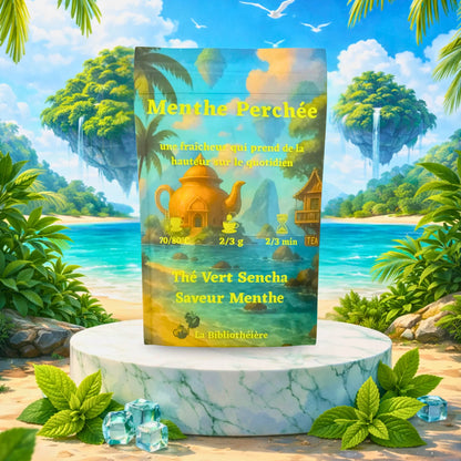 Thé vert Sencha Menthe Perchée de La Bibliothéière, boîte illustrée dans un décor de plage tropicale avec cascades et menthe fraîche.