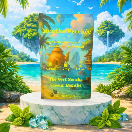 Thé vert Sencha Menthe Perchée de La Bibliothéière, boîte illustrée dans un décor de plage tropicale avec cascades et menthe fraîche.