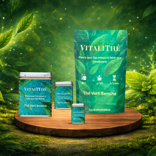 Thé vert sencha en sachet et en boites, visuel produit avec mise en scène végétale. La Bibliothéière