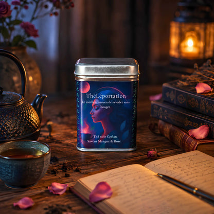 Boîte 50g de thé noir Ceylan saveur mangue-rose ThéLéportation de La Bibliothéière, sur une table en bois éclairée à la bougie près d'un carnet manuscrit
