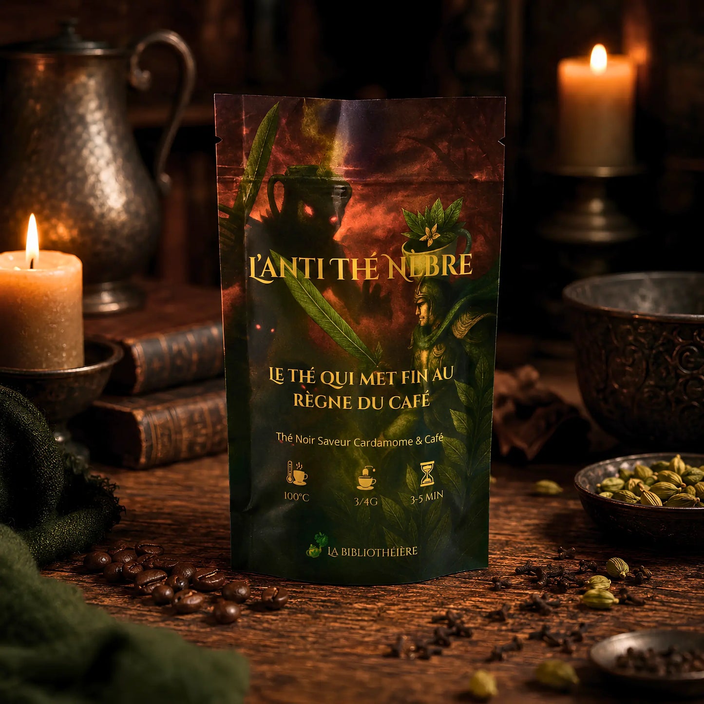 Thé noir en vrac L'Anti Thé Nèbre de La Bibliothéière, assemblage épicé saveur cardamome et grains de café. Sachet illustré style fantasy avec thé noir en feuilles et épices entières au premier plan.