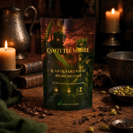 Thé noir en vrac L'Anti Thé Nèbre de La Bibliothéière, assemblage épicé saveur cardamome et grains de café. Sachet illustré style fantasy avec thé noir en feuilles et épices entières au premier plan.