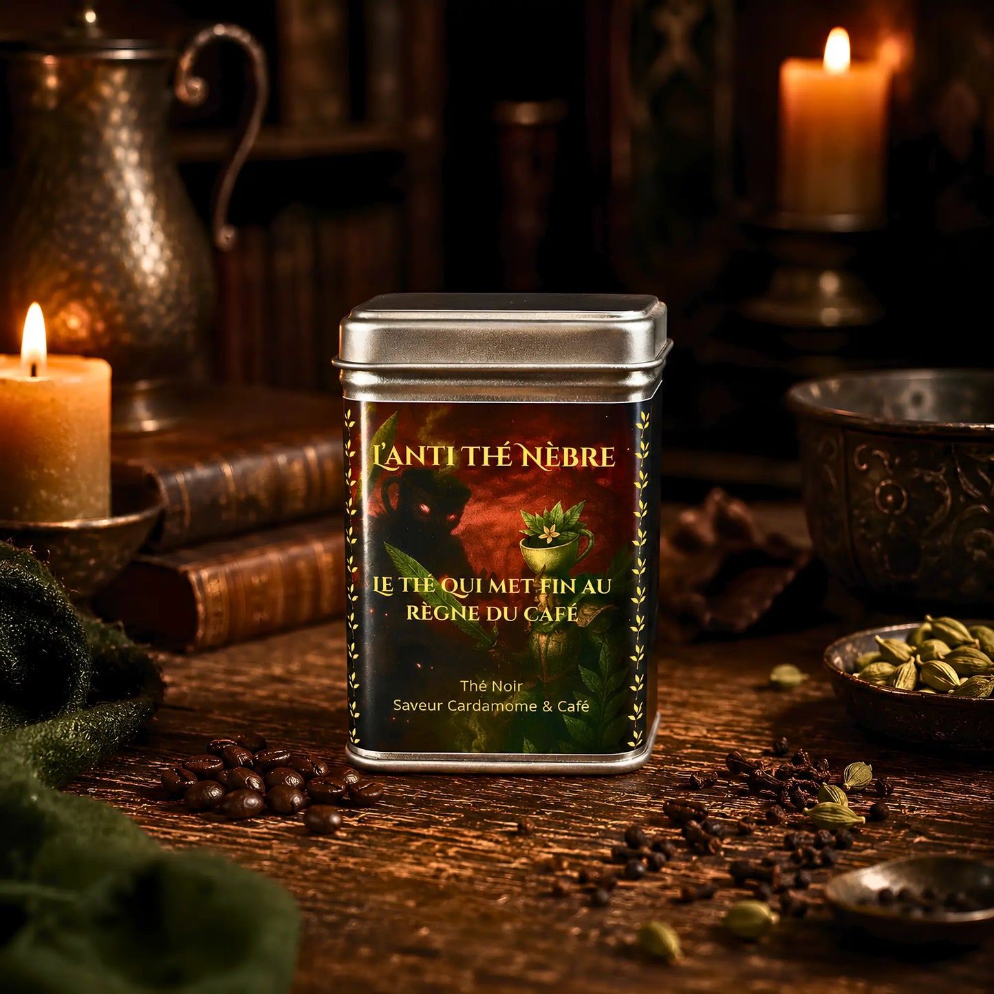 Boîte de thé noir aux épices et café format 50g, écrin métallique hermétique avec illustration fantastique pour conserver les arômes.