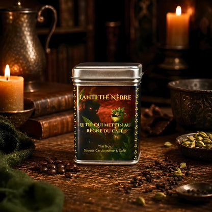 Boîte de thé noir aux épices et café format 50g, écrin métallique hermétique avec illustration fantastique pour conserver les arômes.