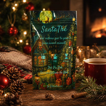 Thé noir Pu Erh de Noël Santa Thé de La Bibliothéière, sachet illustré sur un socle doré entouré de sapins illuminés et décorations de fêtes.
