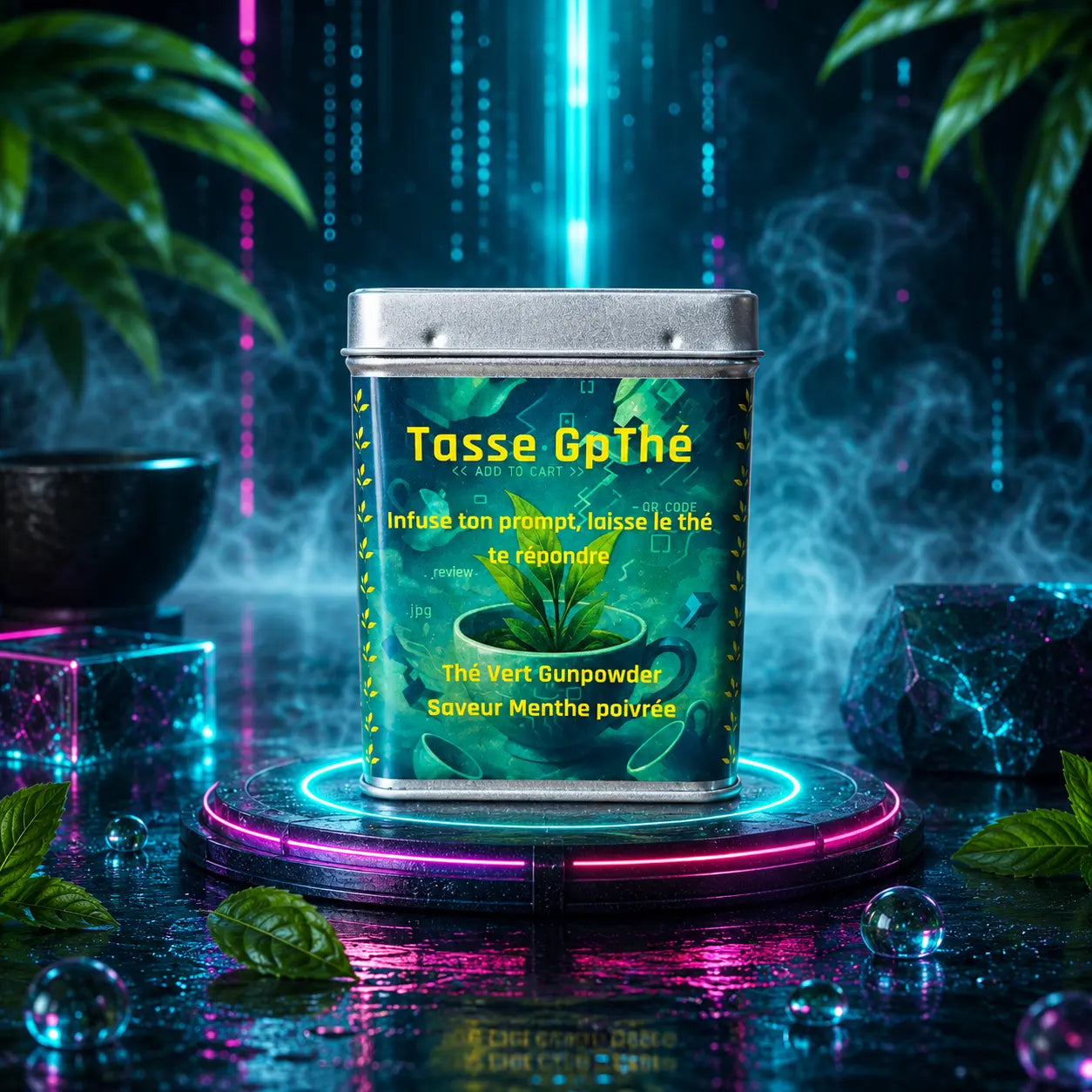 Grande boîte de thé vert Gunpowder menthe poivrée 100g de La Bibliothéière, décor feuillage tropical et codes digitaux verts.
