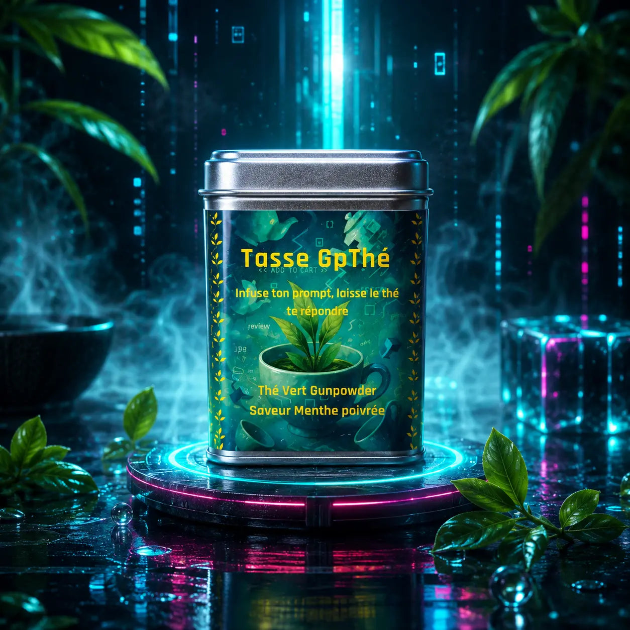 Petite boîte de thé vert menthe poivrée 50g, contenant métallique au design digital vert inspiré de la Matrix pour une conservation optimale.