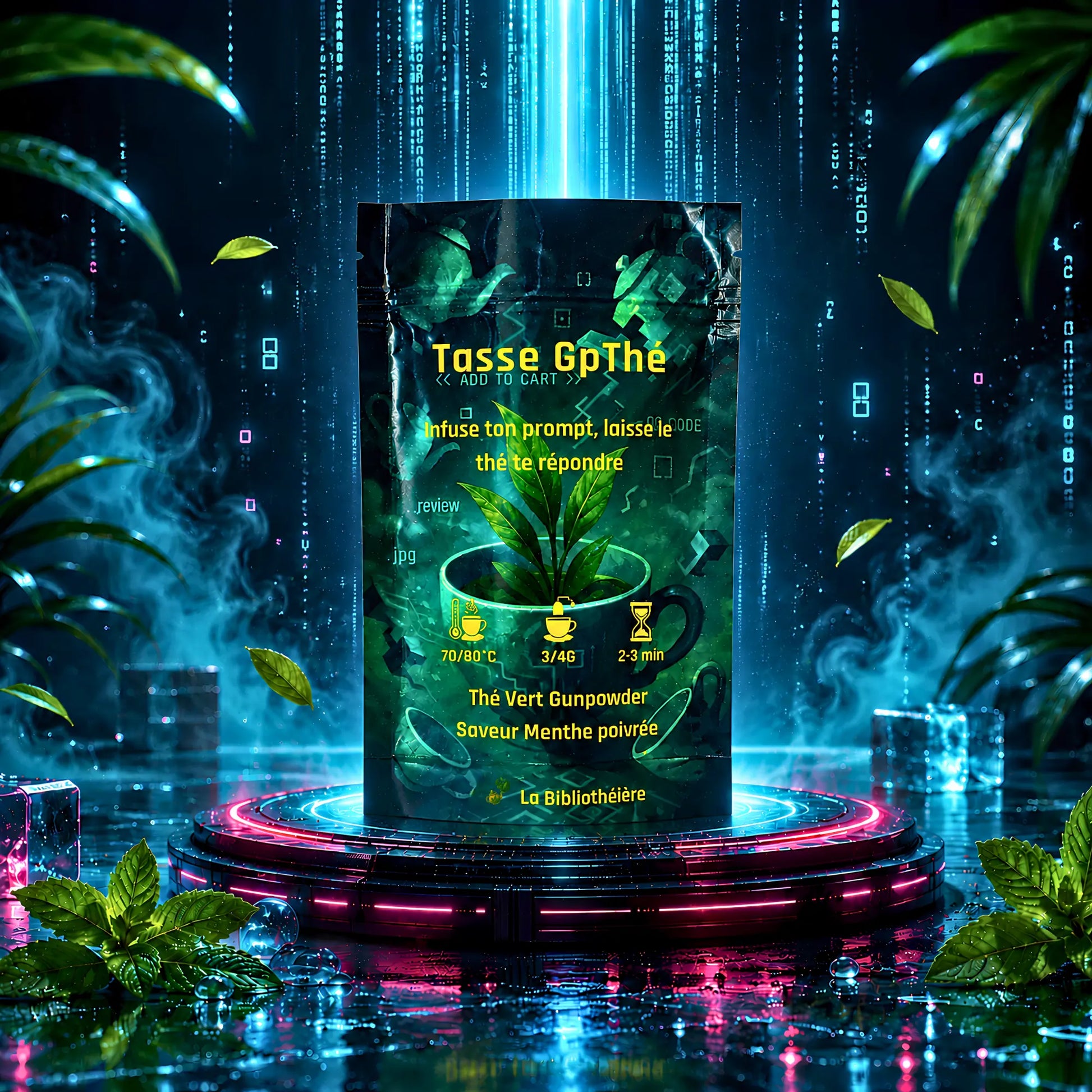 Thé vert à la menthe poivrée en format vrac 100g, sachet de la collection TasseGpthé sur un socle de terre volcanique violette.