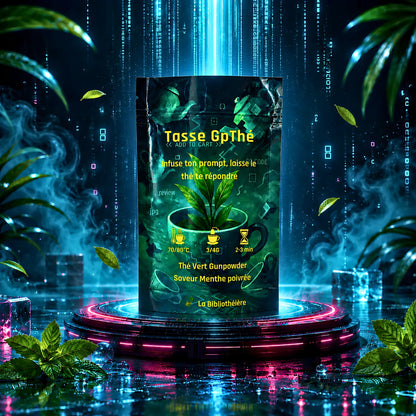 Thé vert à la menthe poivrée en format vrac 100g, sachet de la collection TasseGpthé sur un socle de terre volcanique violette.