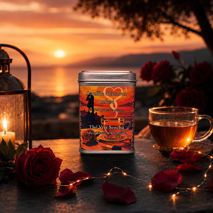 Thé vert Sencha fraise-rhubarbe Souffle d'Amour Infusé de La Bibliothéière, au coucher de soleil avec roses rouges et tasse de thé ambré