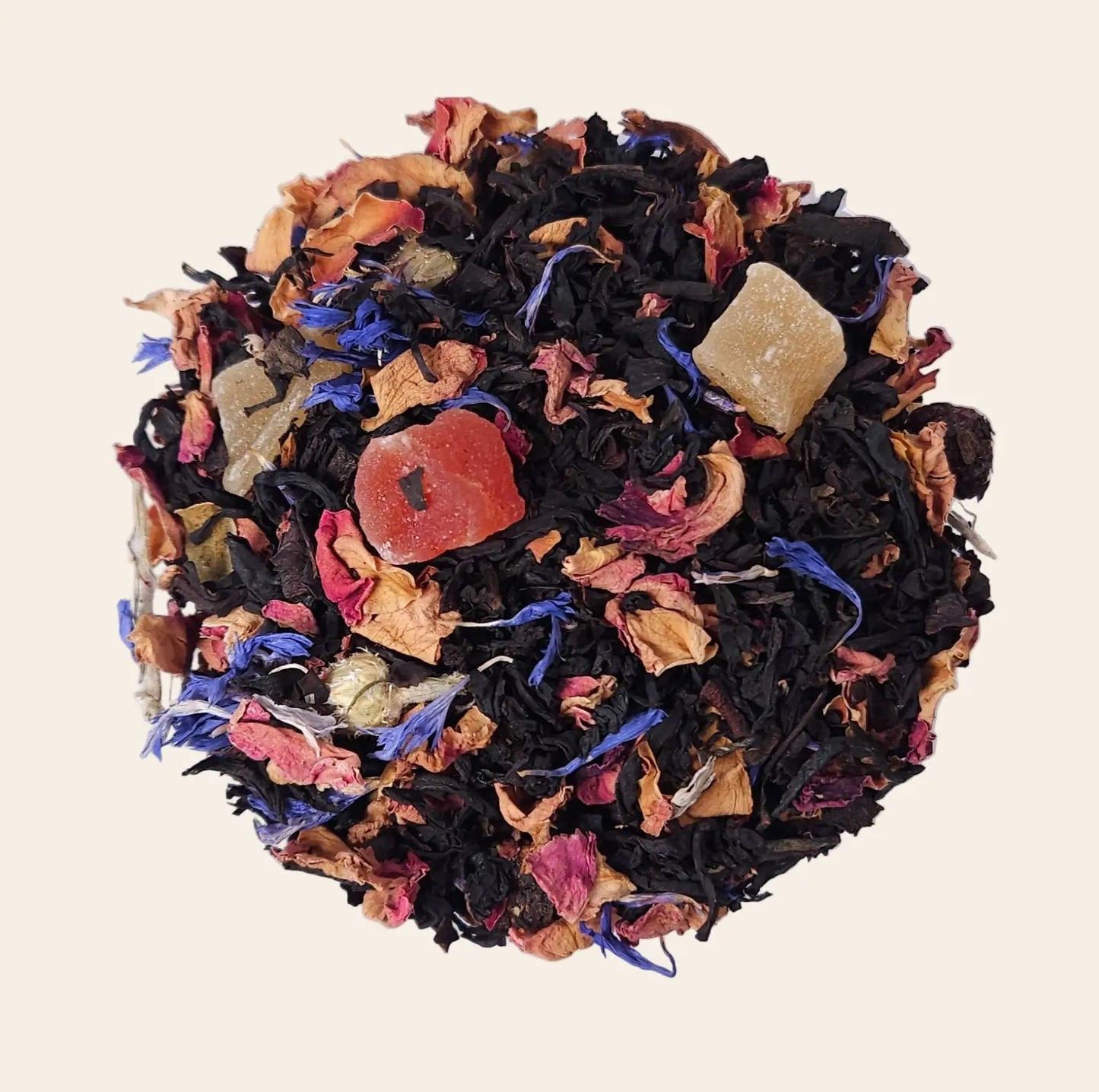 Thé noir en vrac aux arômes de mangue et de rose, mélange fruité et floral. Marque La Bibliothéière