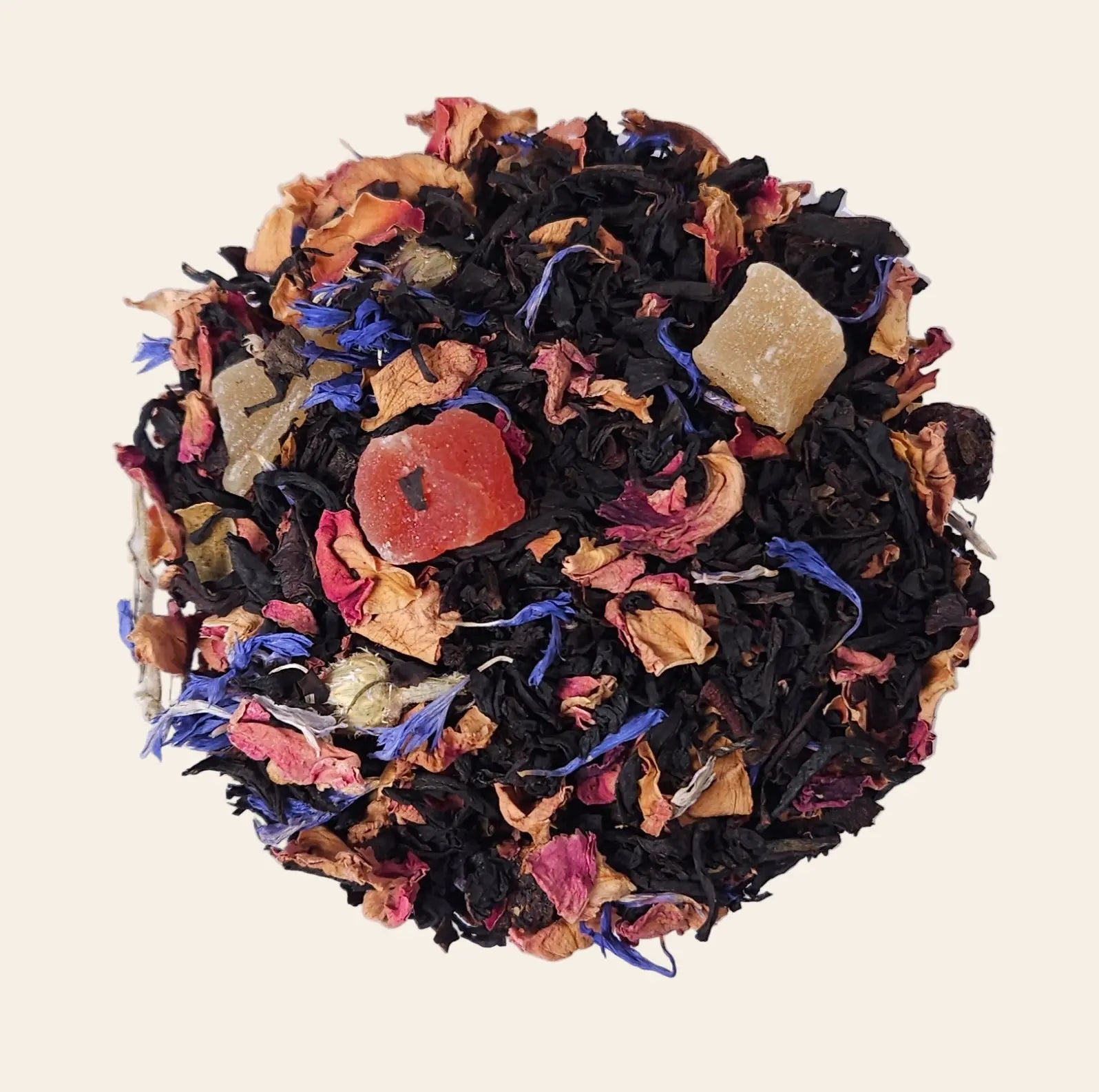 Thé noir en vrac aux arômes de mangue et de rose, mélange fruité et floral. Marque La Bibliothéière